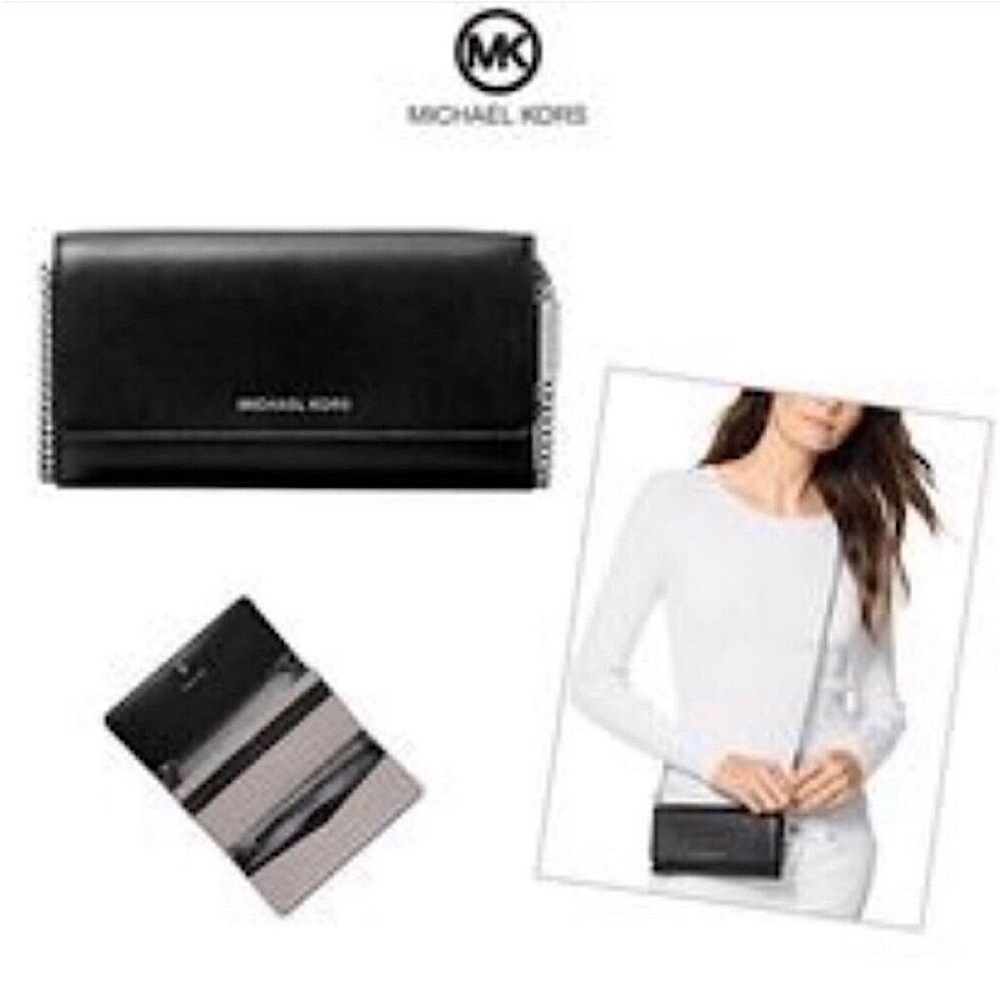 Michael Kors Leather Convertible Chain Wallet to Crossbody in Black/Pearl Grey - Picture 6 of 9